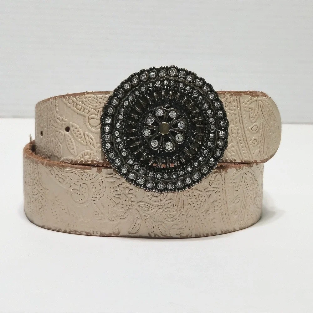 Women's‎ Belt Fossil Genuine Leather Embossed Cream Metallic Rhinestone Buckle L